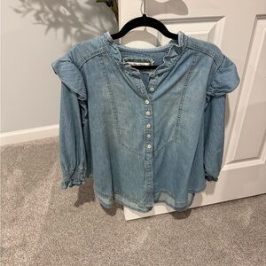 Free People We The Free Top Medium Blue Louise Denim Chambray Ruffle Button Down